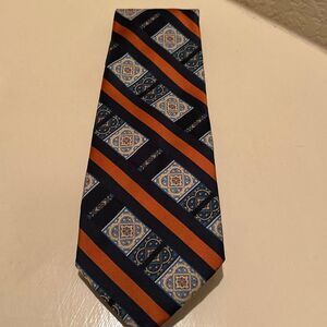 Lanvin Paris Neck Tie Blue Mandala Geometric With Orange Hue Stripes Artsy Bold